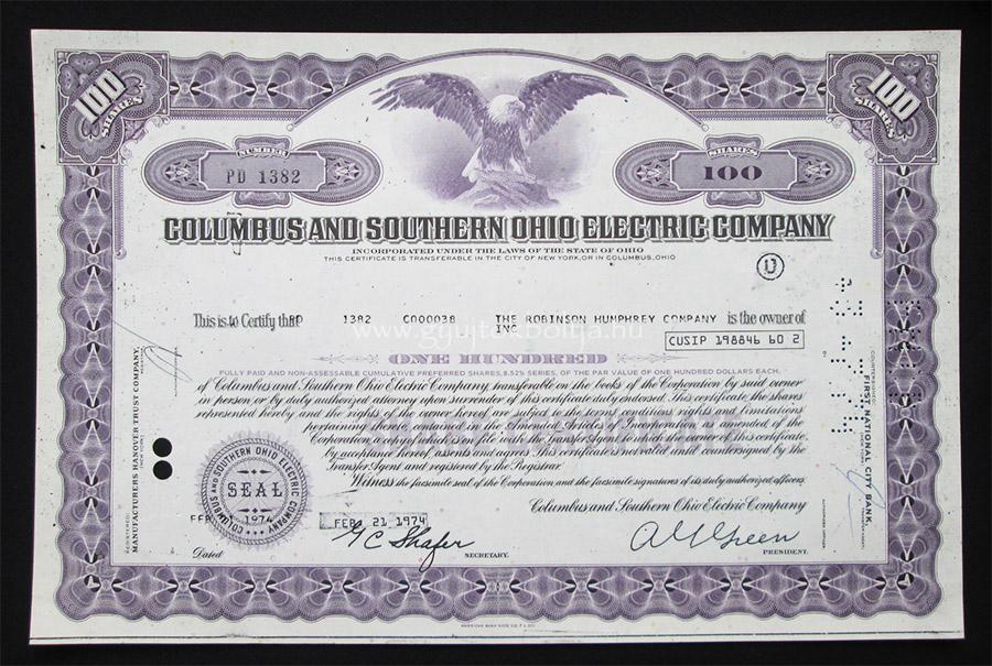 Columbus and Southern Ohio Electric Company 100 r�szv�ny 1974 - villamosh�l�zat, er�m�vek